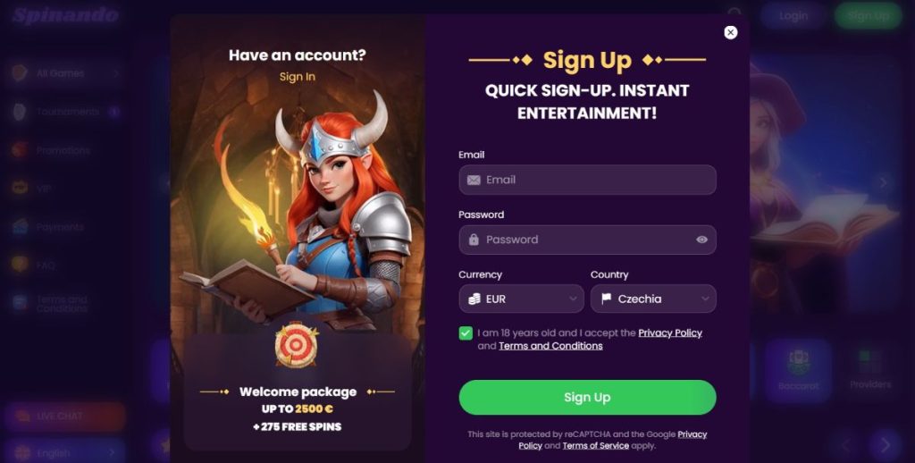 How to sign up for Spinando