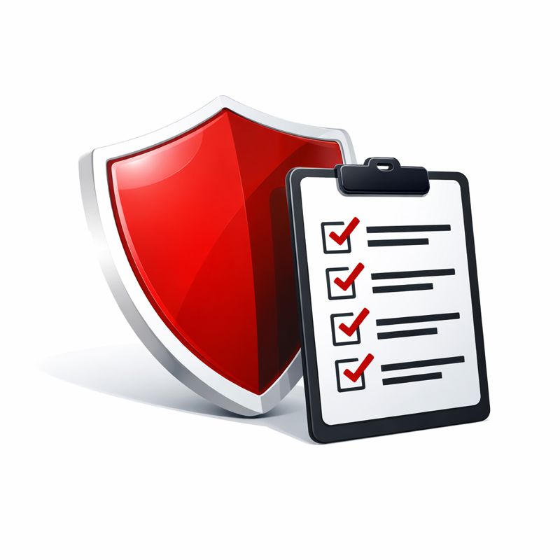 Piros digitális pajzs és ellenőrző lista, amely a megbízható kaszinó biztonsági kritériumait és licencét mutatja