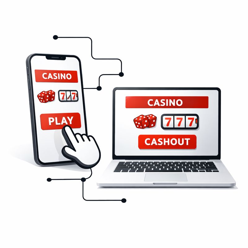 Okostelefon és laptop online kaszinó felülettel, a mobil kaszinó tesztelés és regisztráció folyamatát ábrázolva