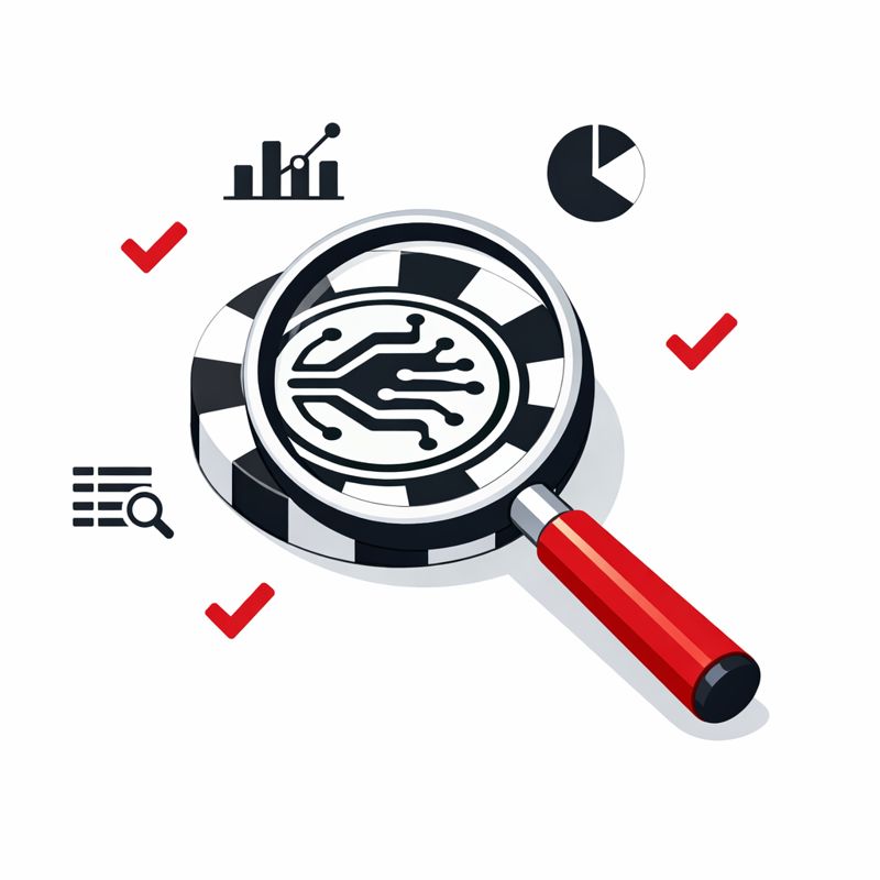 Nagyító és kaszinó zseton, amely a részletes online kaszinó értékelés és elemzés folyamatát jelképezi